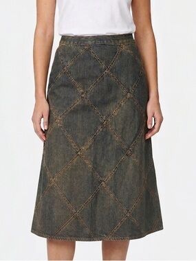 GIVY Denim Jean Midi Skirt A-line Diamond Pattern Tinted Wash Size Small